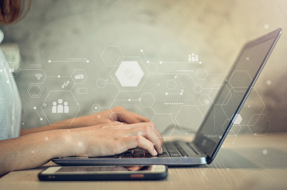 business-woman-typing-keyboard-laptop-hands-process-research-project-manager-business-team-working-startup-modern-office-technology-icon-innovative-stock-market-analysis-graph-interface