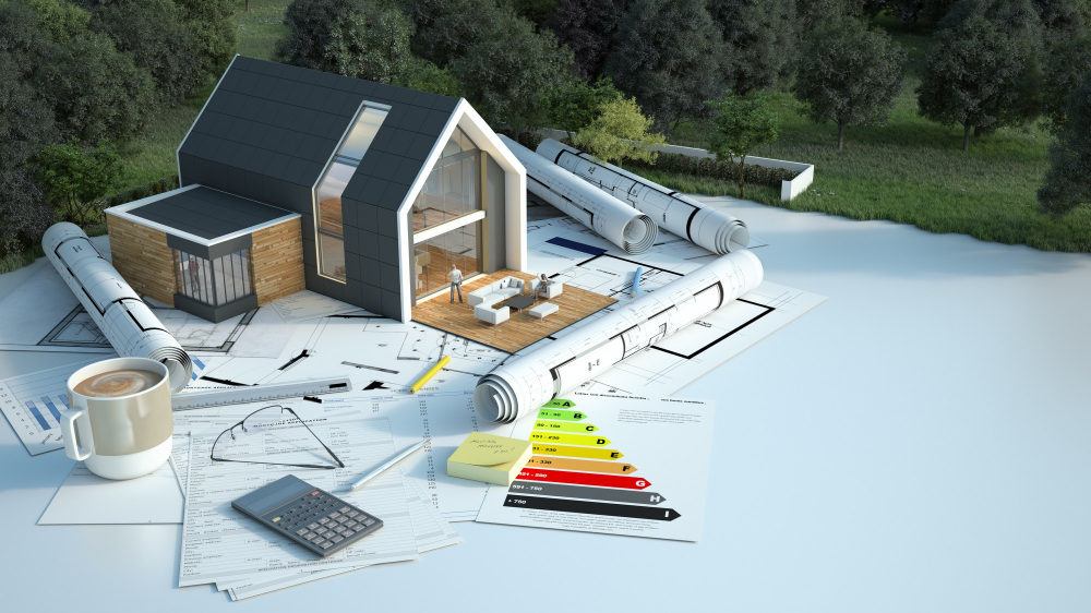 3d-rendering-of-house-with-blueprints-energy-charts-and-other-documents-in-field