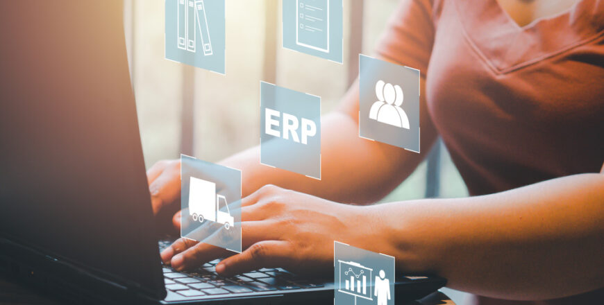 enterprise-resource-planning-erp-document-management-concept-icons-on-virtual-screen-hands-typing-on-computer-laptop-as-background