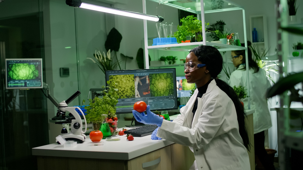 medical-team-researcher-working-in-pharmacology-laboratory-examining-organic-food