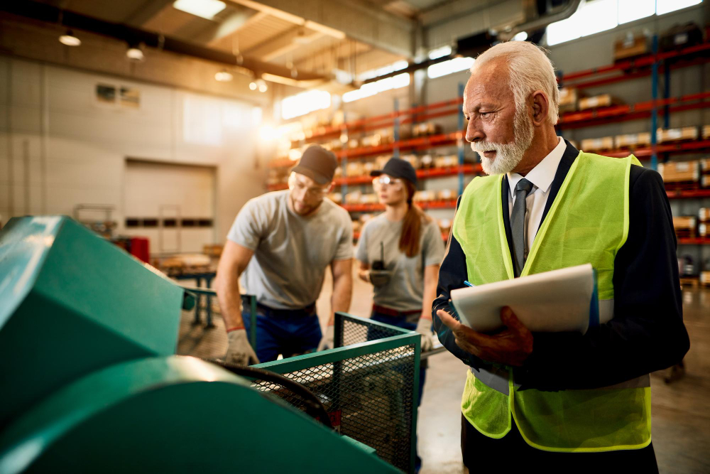senior-businessman-taking-notes-while-inspecting-workers-who-are-working-at-the-machine-in-factory-warehouse