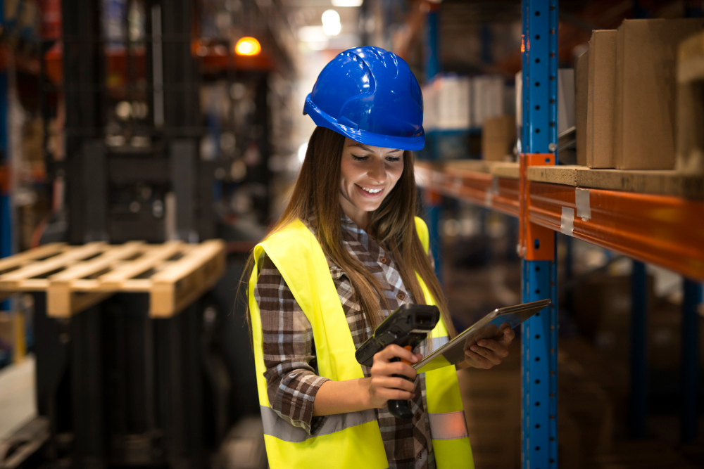 smiling-female-worker-holding-tablet-and-bar-code-scanner-checking-inventory-in-distribution-warehouse
